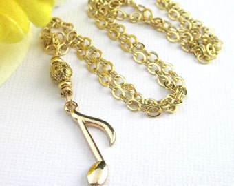 Gold 8th Note Pendant Necklace, Gold Quaver Note Charm Necklace, Gold Music Note Necklace, Gold Music Jewelry, Music Necklaces, Music Gifts