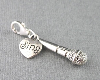 Microphone Clip On Charm: Sterling Silver Clasp, Karaoke Singer Gift