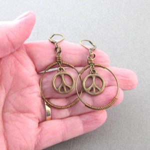 Peace Sign Earrings, Antiqued Brass, Dangling Peace Sign Charm Earrings, Wire Wrapped Hoop Earrings, Hippie Boho, Peace Sign Jewelry image 4