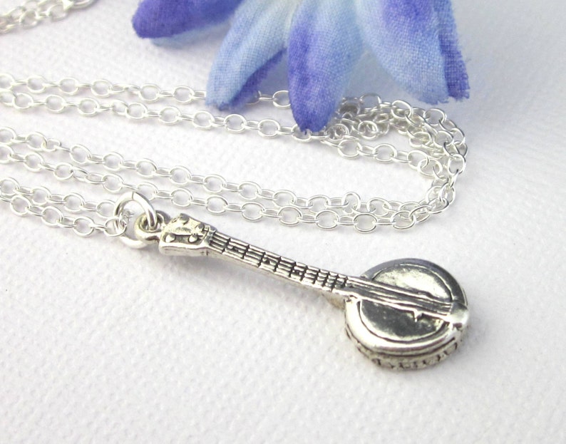 Sterling Silver Banjo Necklace, Banjo Charm and Chain Necklace, Guitar