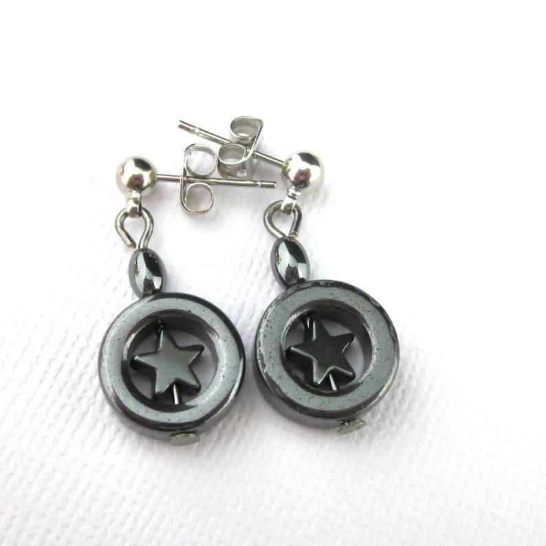 Stainless Steel Posts Small Hematite Star In Hoop Earrings 4th Of July Earrings