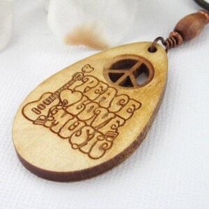 Wood Peace Sign Music Pendant Necklace With Guitar And Leather Cord, Engraved Wooden Pendants, Music Jewelry Gifts, Unisex Pendants image 7