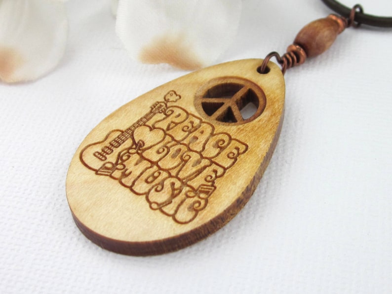 Wood Peace Sign Music Pendant Necklace With Guitar And Leather Cord, Engraved Wooden Pendants, Music Jewelry Gifts, Unisex Pendants image 7