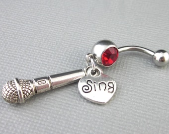 Microphone Belly Ring: Red Crystal Navel Barbell, Singer Gift