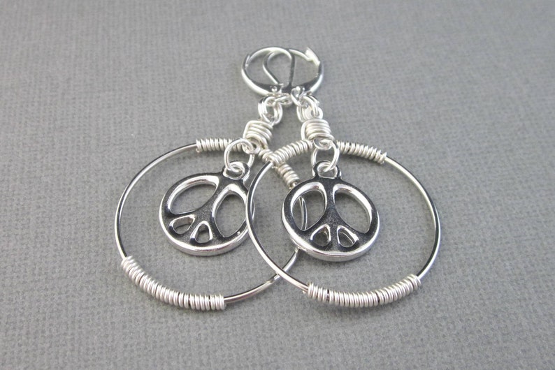 Silver Peace Sign Earrings Silver Peace Sign Hoop Earrings image 0