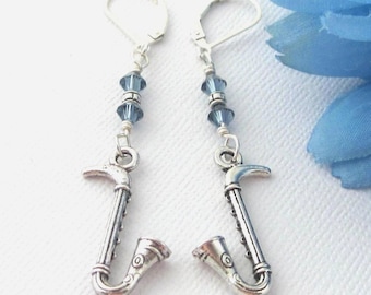 Saxophone Earrings With Blue Crystals: Sterling Silver Lever Backs