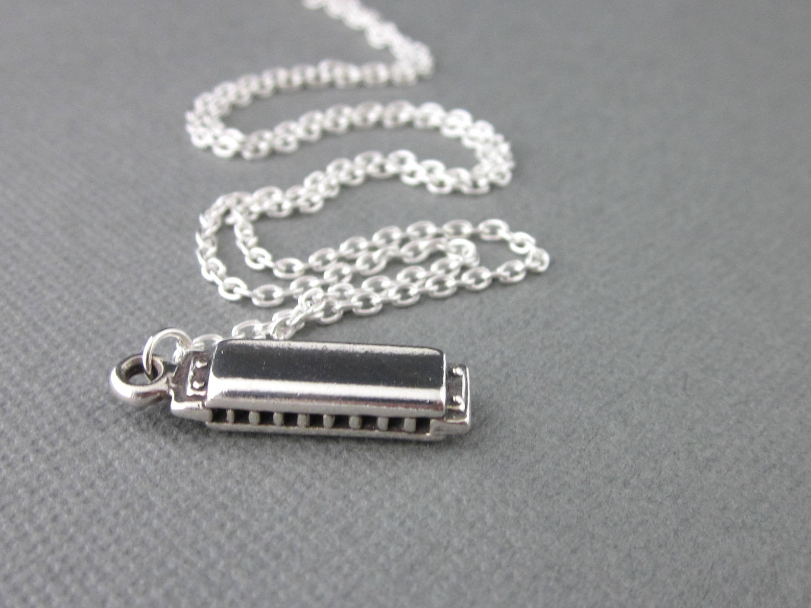 Sterling Silver Harmonica Necklace, Small Harmonica Charm With Chain, Blues Harp Necklace, Mouth
