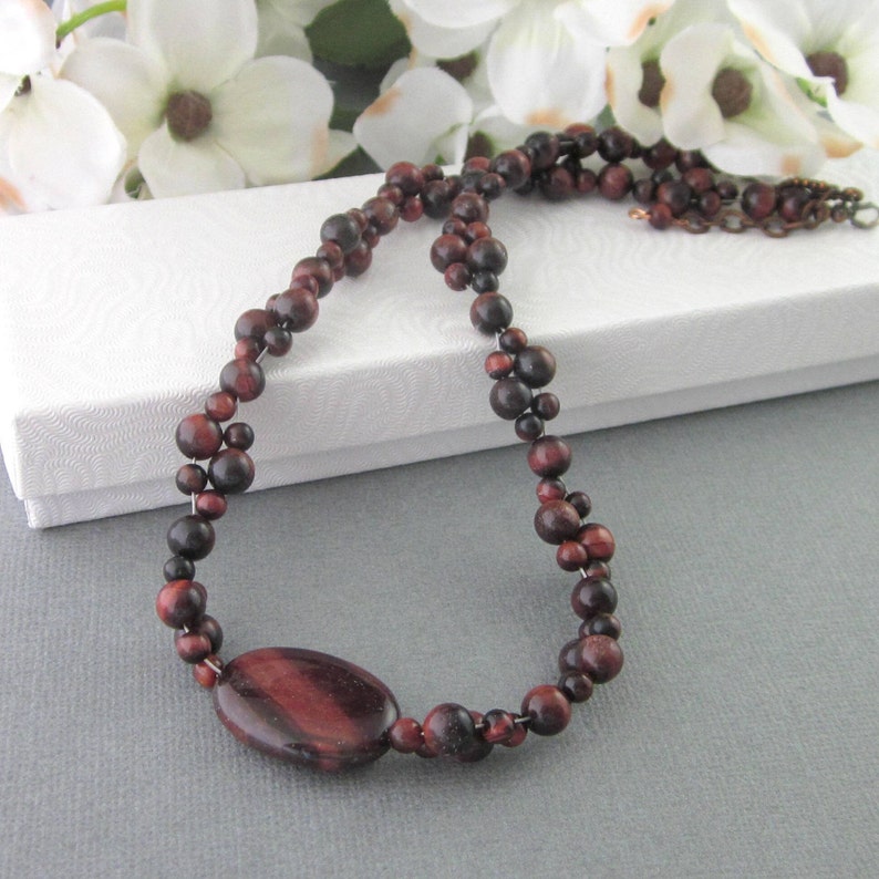 Red Tiger Eye Gemstone Choker Necklace With Matching Earrings, Reddish Brown Fall Color Jewelry, Unique Handmade, One Of A Kind image 1