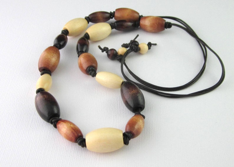 Wood Bead Leather Cord Tie On Necklace No Clasp Necklace No image 0