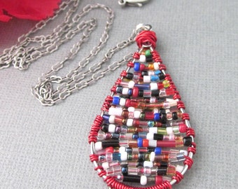 Multicolor Seed Bead Wire Wrapped Teardrop Pendant Necklace, Birthday Gift For Friend, One Of A Kind Pendant Necklace, Gift for Her