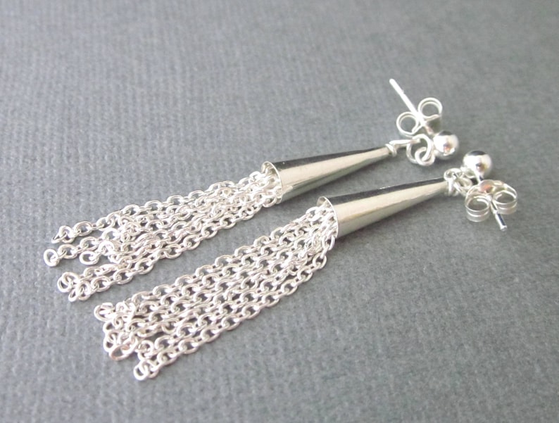 Sterling Silver Cone And Chain Earrings Chain Tassel image 0