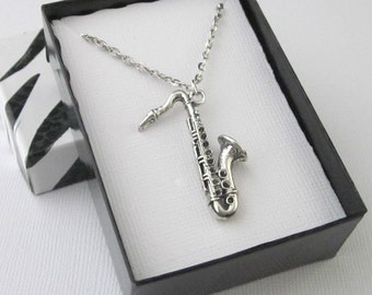 Saxophone Pendant Necklace, 3D Antiqued Silver, Medium Size, Musical Instrument Necklaces, Gift Box Included