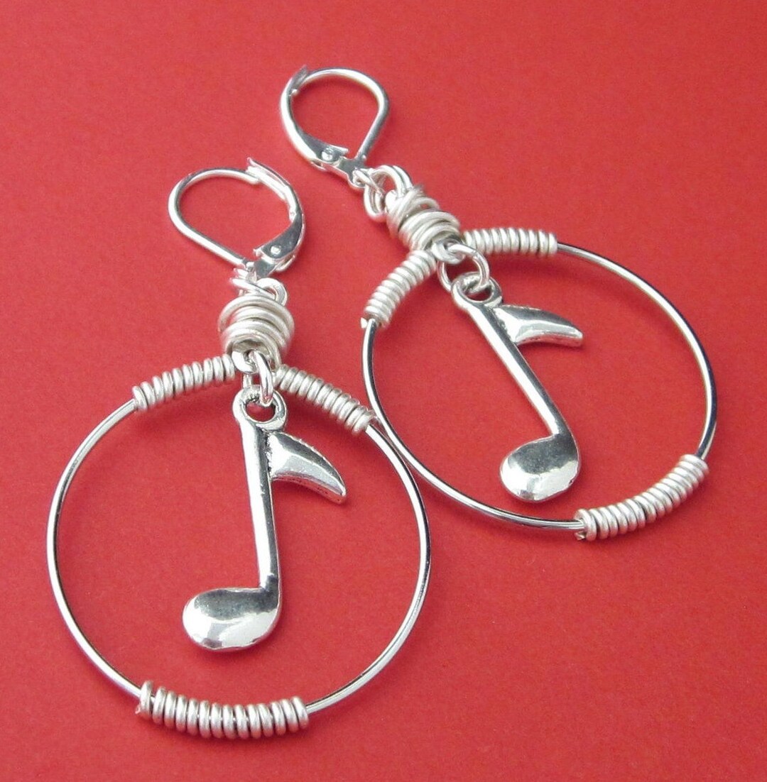 Musical Note Hoop 8th Note Hoop Earrings, Wire Wrapped, Silver Eighth Note Charm Earrings ...