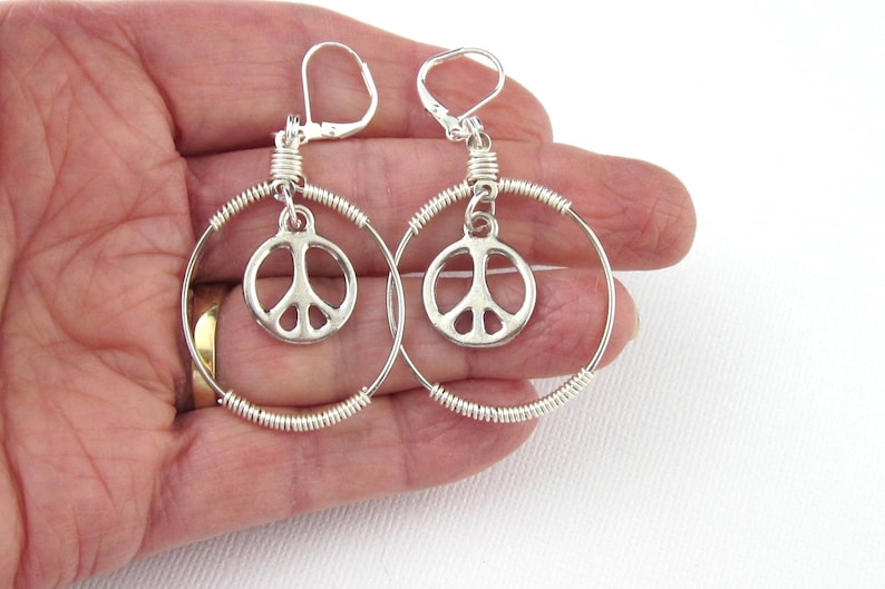 Silver Peace Sign Hoop Earrings Symbolic Hippy Earrings Wire Wrapped Hoop Earrings Lever Backs Silver Peace Sign Earrings Unique