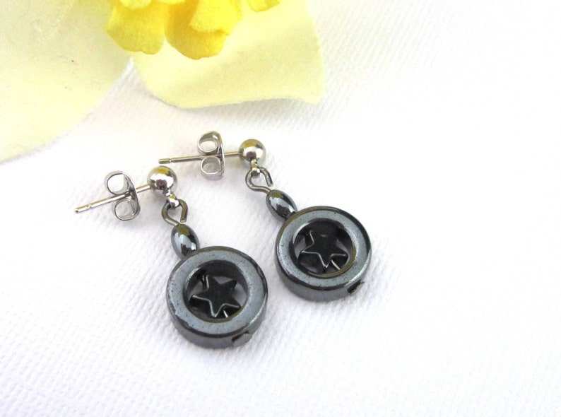 Stainless Steel Posts Small Hematite Star In Hoop Earrings 4th Of July Earrings