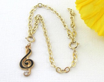 Gold Chain Charm Bracelet With Black Treble Clef, Dainty Chain Music Note Bracelet, Treble Clef Jewelry, Birthday Gift For Musician