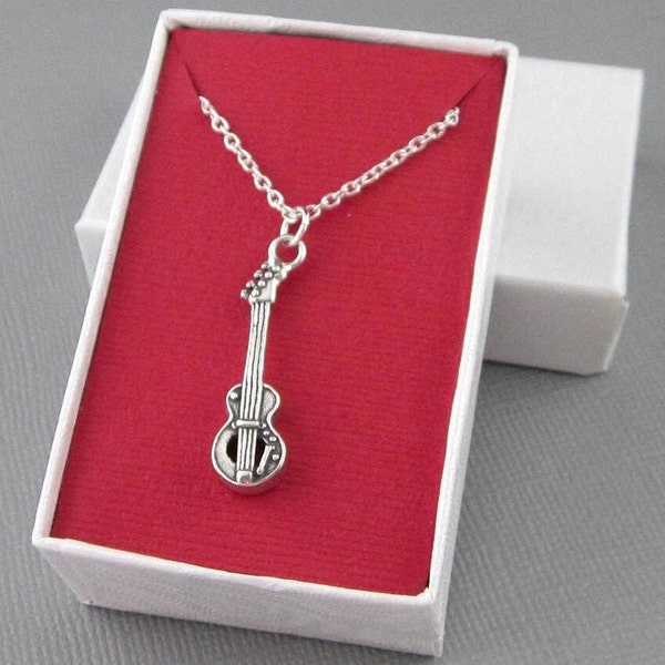 Sterling Silver Bass Guitar Necklace, Bass Guitar Charm Necklace, Guitar With Chain, Guitar Jewelry, Rocker Musician Gift, Music Gift