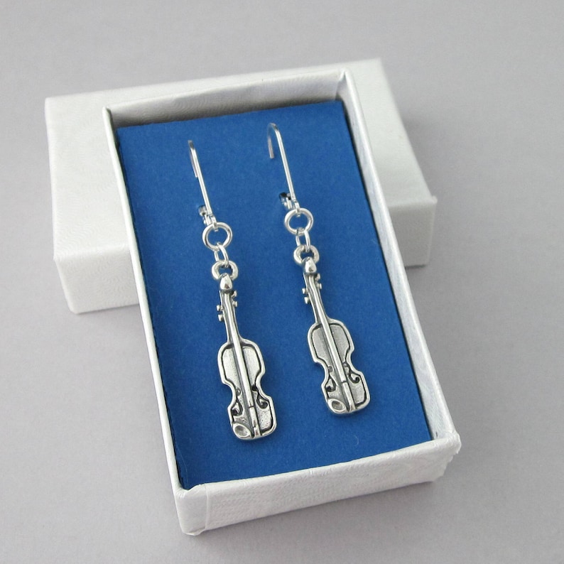 Sterling Silver Violin Earrings, Dimensional Charms, Lever Backs, Music