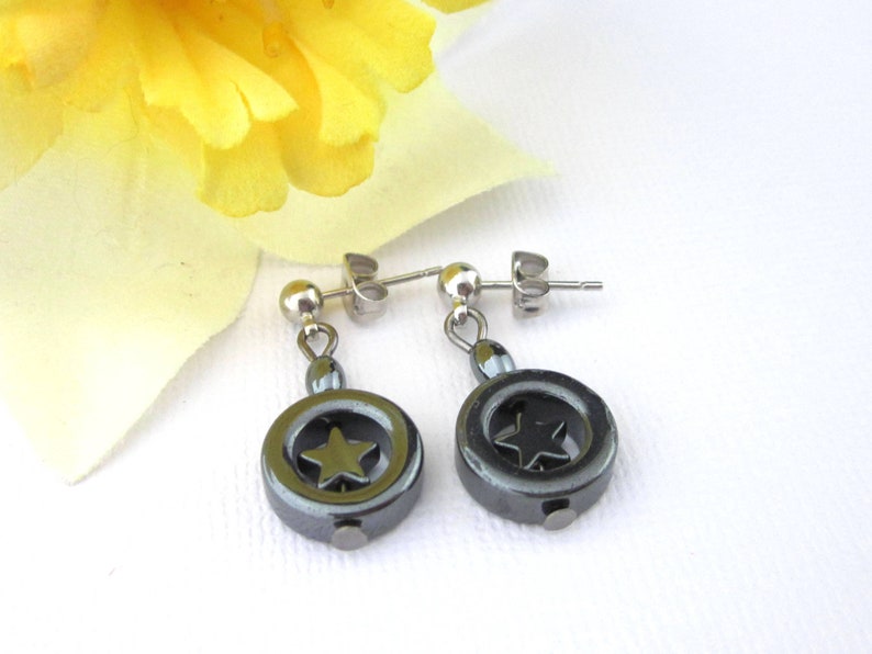Stainless Steel Posts Small Hematite Star In Hoop Earrings 4th Of July Earrings