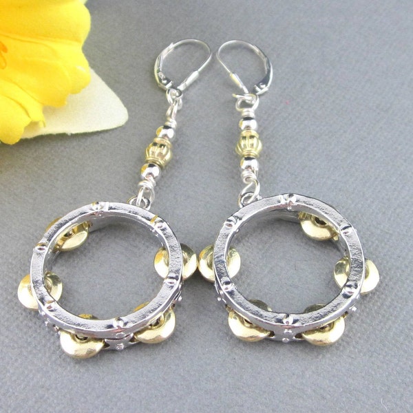 Tambourine Earrings, Dimensional With Brass Jingle Zils, Silver And Gold, Dangling Music Earrings, Music Instrument Jewelry