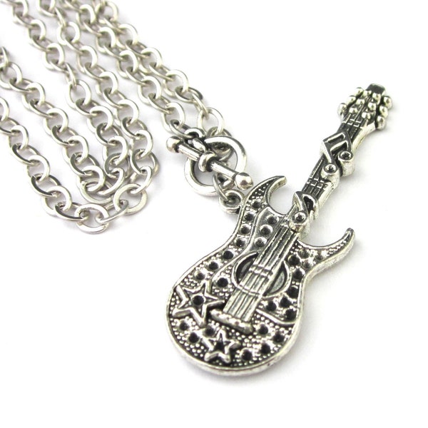 Silver Fender Rock Guitar Pendant Necklace With Raised Music Notes & Stars, Chain Fastens In Front, Electric Guitar Necklace, Music Jewelry