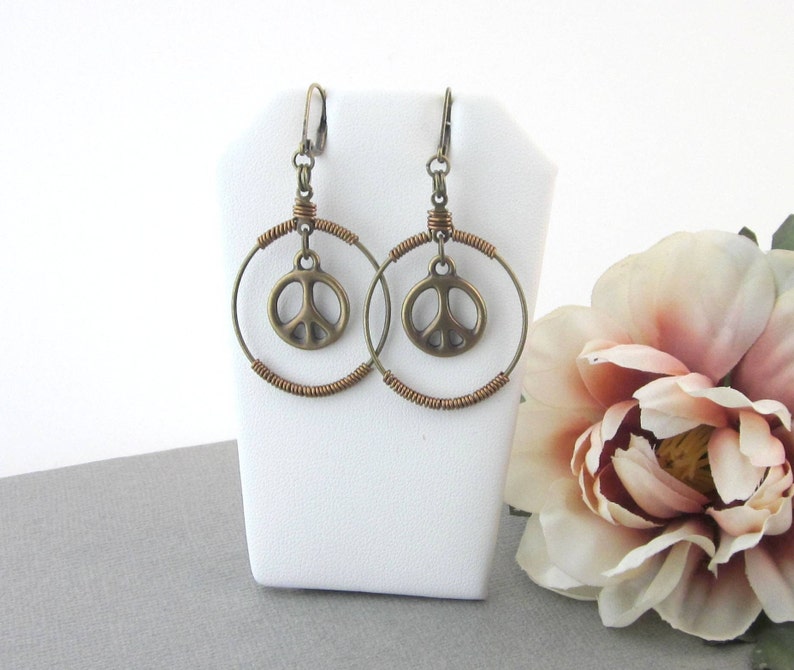 Peace Sign Earrings, Antiqued Brass, Dangling Peace Sign Charm Earrings, Wire Wrapped Hoop Earrings, Hippie Boho, Peace Sign Jewelry image 10