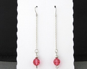 Pink Crystal Earrings, Crystals Dangling From Sterling Silver Chains, Simple Pink Elegant Earrings, OOAK Earrings, Mother's Day Gift