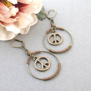 Peace Sign Earrings, Antiqued Brass, Dangling Peace Sign Charm Earrings, Wire Wrapped Hoop Earrings, Hippie Boho, Peace Sign Jewelry image 5