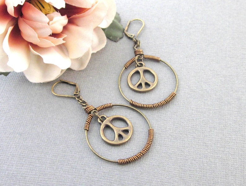 Peace Sign Earrings, Antiqued Brass, Dangling Peace Sign Charm Earrings, Wire Wrapped Hoop Earrings, Hippie Boho, Peace Sign Jewelry image 5