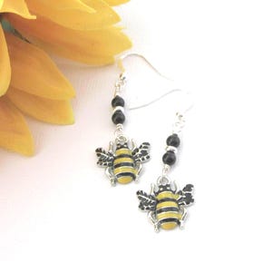 Bumble Bee Earrings, Silver, Black And Yellow Enamel Bee Charm Earrings, Bee Earrings With Sterling Silver Ear Hooks, Insect Gifts For Her