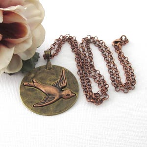 Large Swallow Bird Pendant With Long Chain, Bronze Brass And Copper Round Dimensional Pendant, Bird Jewelry, Gift For Ornithologist
