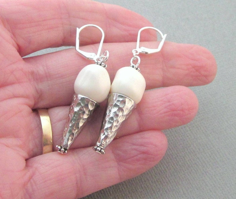 Vanilla Ice Cream Cone Earrings With Off White Pearls And Textured Hammered Cones, Dressy Summer Earrings, Fun Earrings image 1