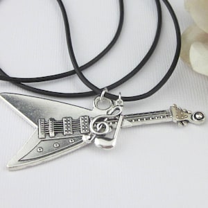 Large Silver V Guitar Pendant Necklace With Music Notes And Long Length Black Leather Cord, Unisex Musical Instrument Jewelry