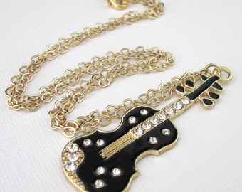 Grand pendentif de guitare basse noir et or avec strass, bijoux instrument de musique, cadeau musique pour elle, cadeaux de remise des diplômes musicaux