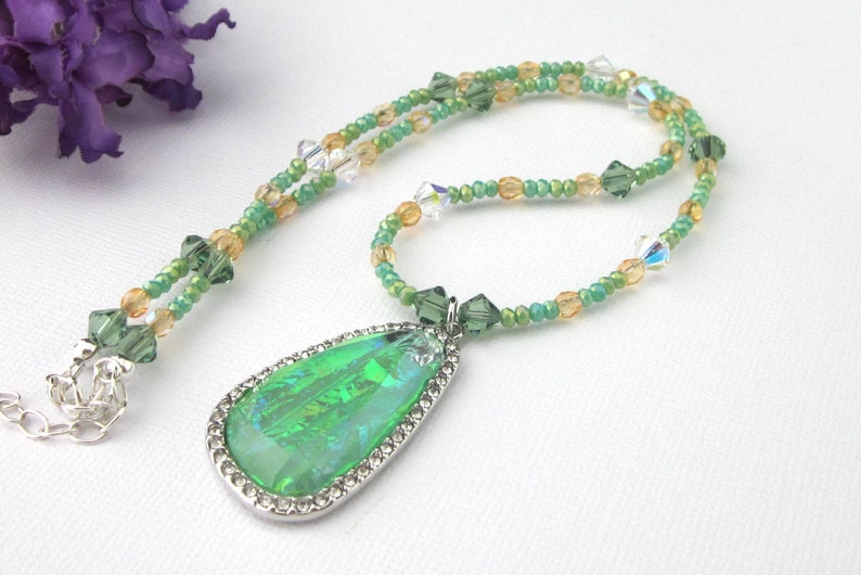 Green And Orange Crystal Beaded Pendant Necklace With image 0