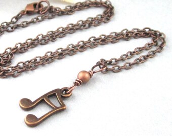 Copper Plated 16th Note Charm Necklace, Sixteenth Note Jewelry, Small Music Note Necklace, 16 Inch Or 17 Inch Chain, Music Gift For Daughter