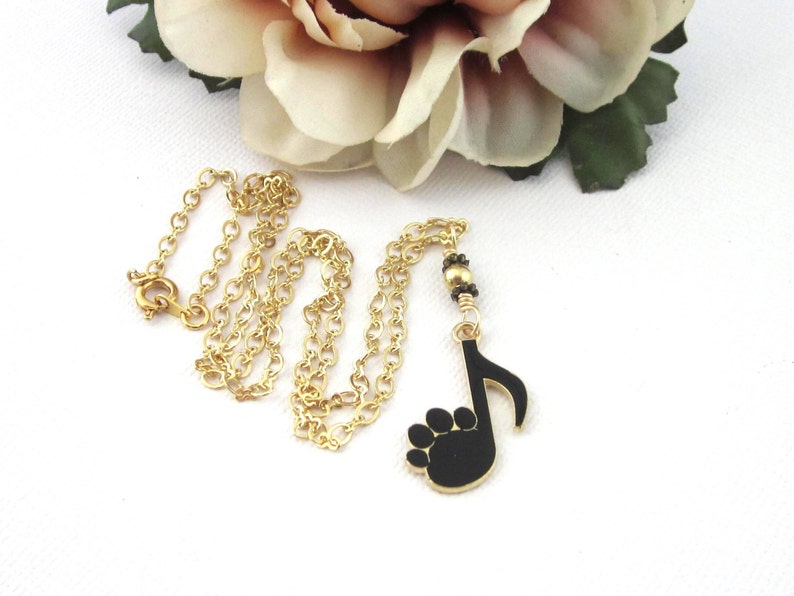 Black and Gold Both Paw Print And Music 8th Note Pendant Necklace, Music Lover Jewelry, Animal Lover Jewelry, Youthful Necklace For Teen image 7