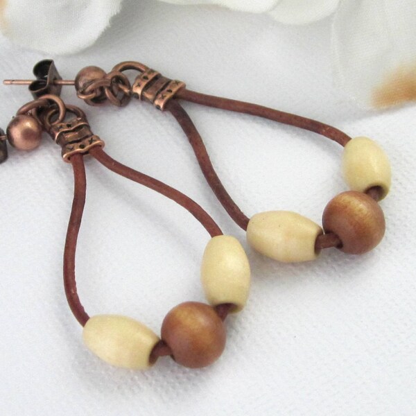 Wood Bead And Leather Hoop Earrings, Natural and Tan Brown Colors, Copper Post And Clutch, 2 Inches Long, Boho Hippie Earrings