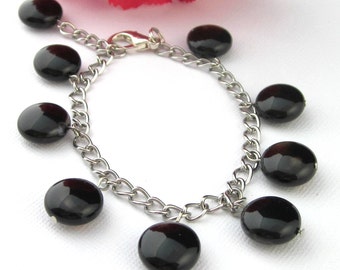 Onyx Sardonyx Charm Bracelet, Black Round Puffy Coin Beads, Bracelet Adjustable To Size Large 9", Mother's Day Jewelry Gift