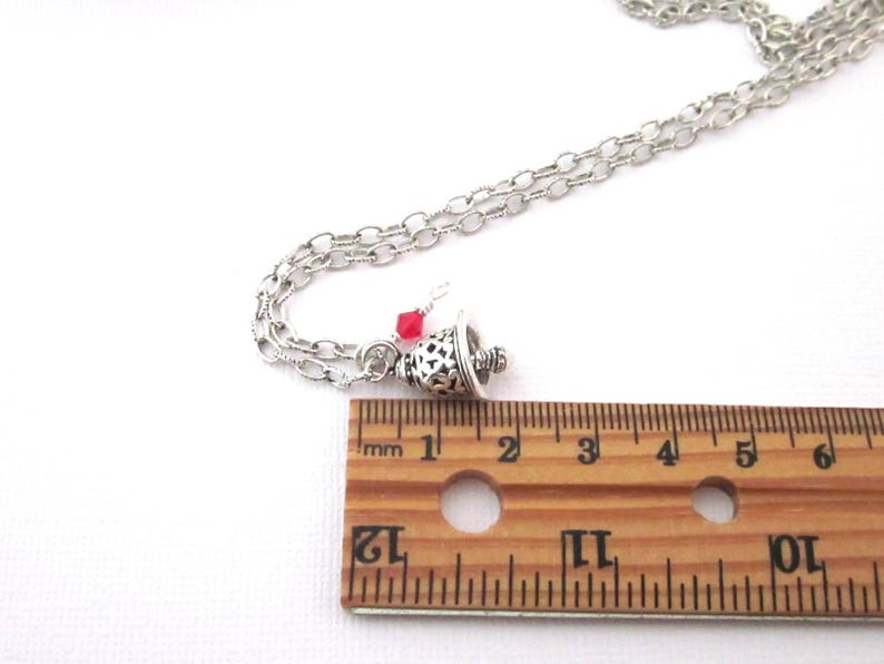 Silver Filigree Bell Charm Necklace With Red Crystal: 3D Christmas Bell Pendant image 3