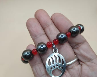 Bear Paw Charm Bracelet black red beaded jewelry stretch native inspired spirit animal