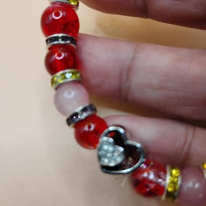 Red Beaded Bracelet: Heart Charm, Romantic Valentine&#39;s Jewelry