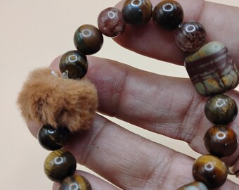 Tiger's Eye & Jasper Stone Stretch Bracelet: Handmade Fuzzy Accent Bead