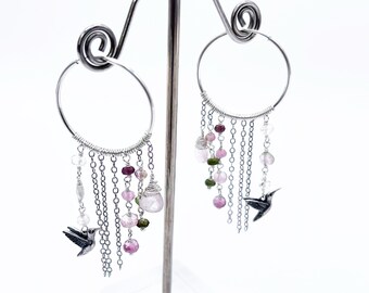 Hummingbird Pink and Green Tourmaline Sterling Silver Endless Hoop Dangle Earrings- 24mm- Hippie Fringe Spirit Animal Statement Jewelry