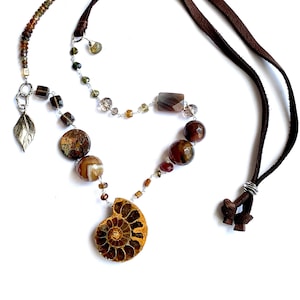 Ammonite & Gemstone Statement Necklace- Adjustable Sterling Silver and Leather Mixed Media Long Fossil Pendant- Science Geek Chic