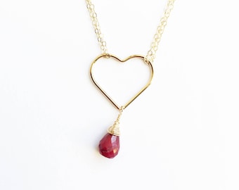 Bleeding Heart- 14K gold open heart & ruby drop pendant necklace- love- valentine- July birthstone- boho geek chic