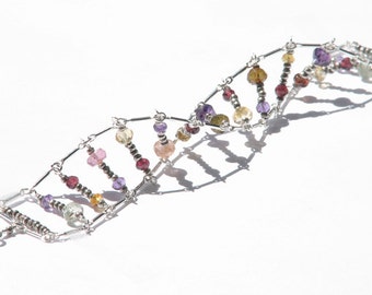 DNA multi color gemstone cuff bracelet- mixed gem sterling silver chain bracelet- science- geek chic- unique- biology- All in Your Genes