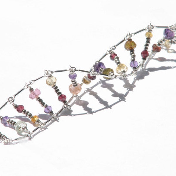 DNA multi color gemstone cuff bracelet- mixed gem sterling silver chain bracelet- science- geek chic- unique- biology- All in Your Genes