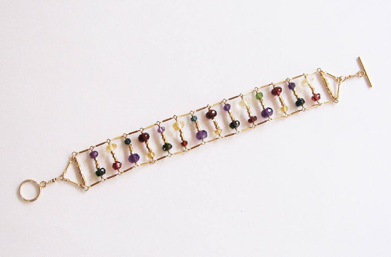 14K Gold DNA Multi Color Gemstone Cuff Bracelet Mixed Gem Chain ...