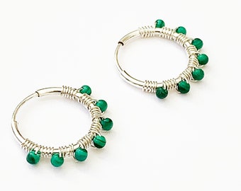 Petite malachite sterling hoops- green minimalist wire wrapped earrings- dainty jewelry